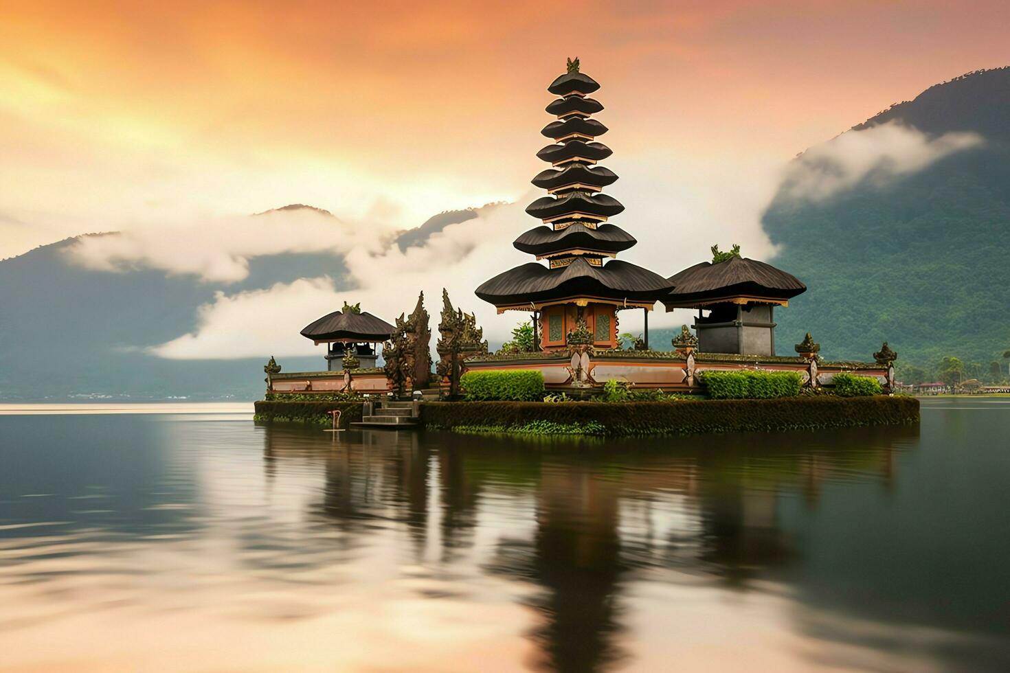 antigo pura Ulun danu bratan, besakih ou famoso hindu têmpora e turista dentro bali ilha às nascer do sol conceito de ai gerado foto