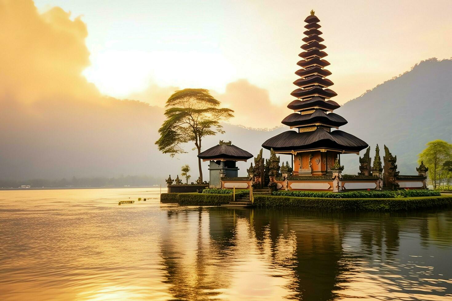 antigo pura Ulun danu bratan, besakih ou famoso hindu têmpora e turista dentro bali ilha às nascer do sol conceito de ai gerado foto