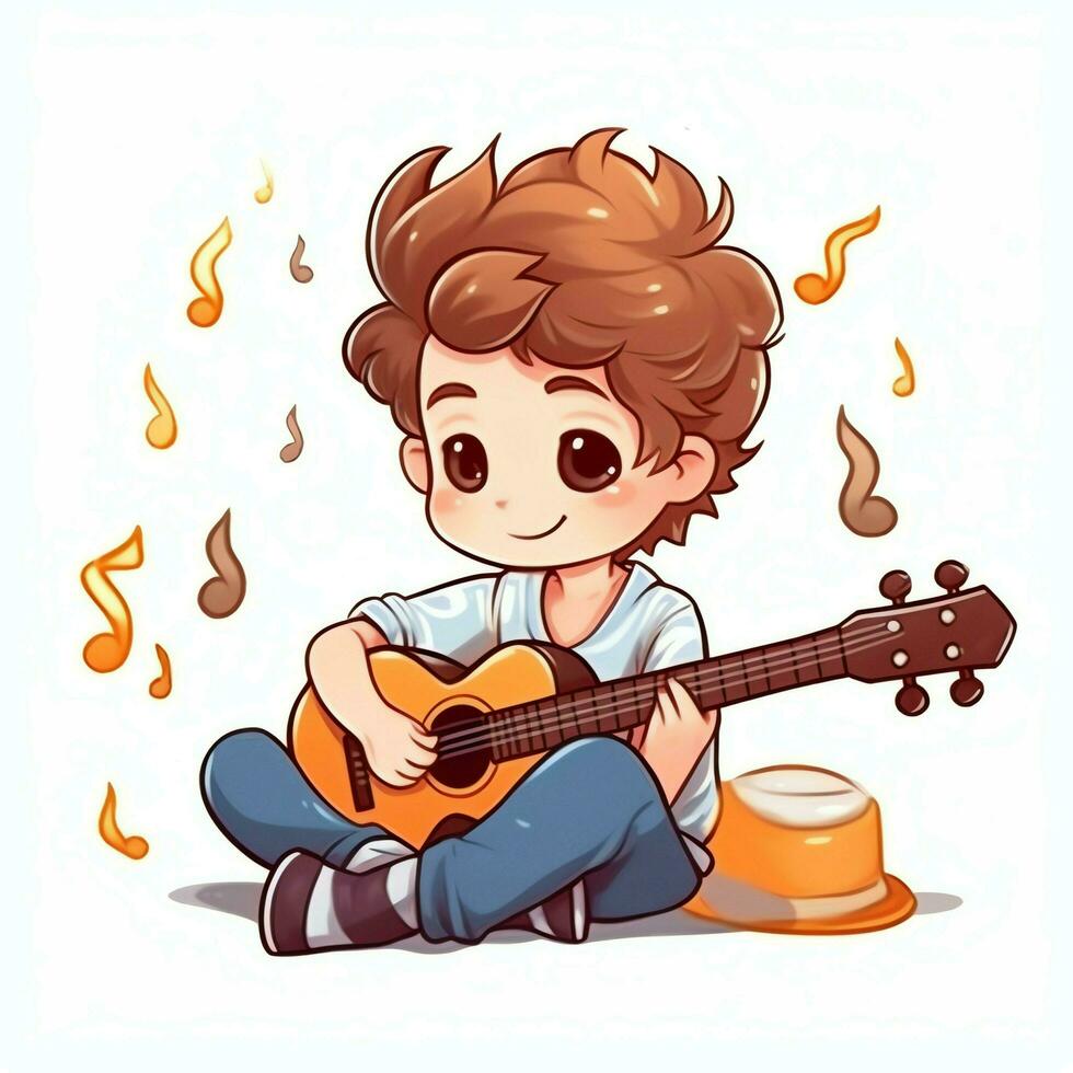 fofa Garoto jogando guitarra e ouvindo para música com fone de ouvido dentro desenho animado estilo. juventude dia ou música dia conceito de ai gerado foto