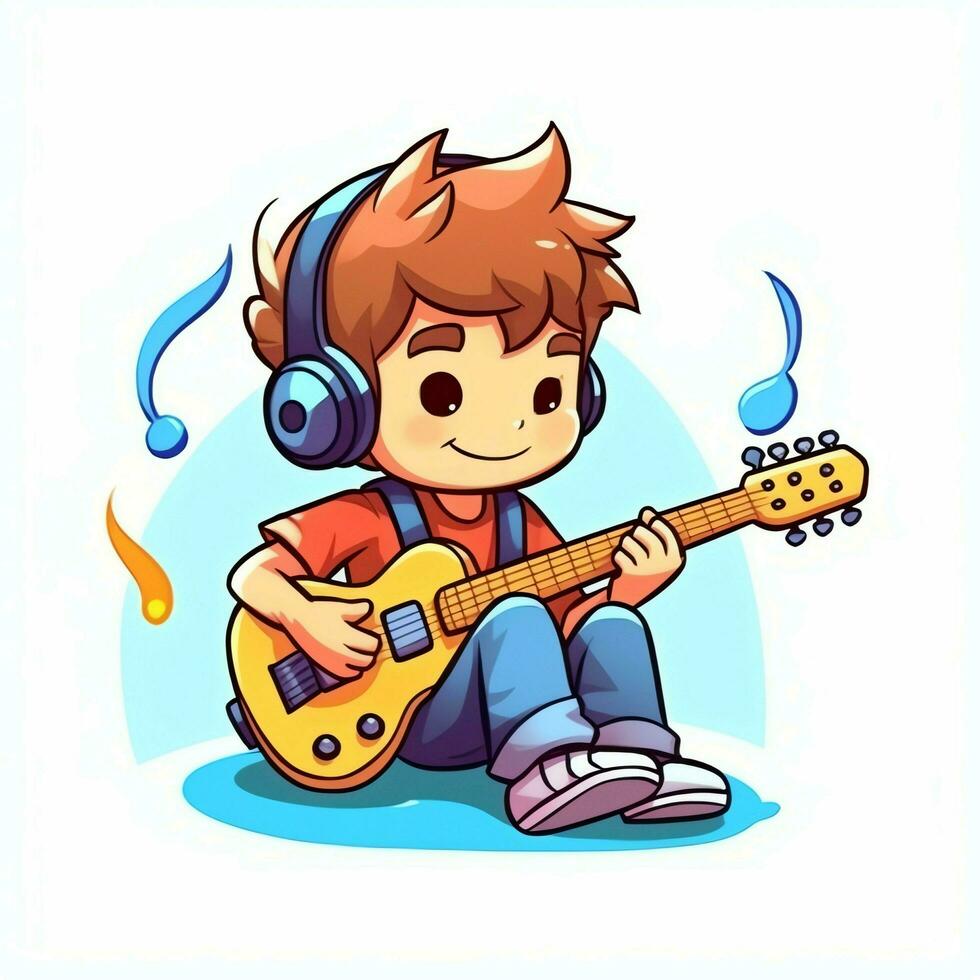 fofa Garoto jogando guitarra e ouvindo para música com fone de ouvido dentro desenho animado estilo. juventude dia ou música dia conceito de ai gerado foto