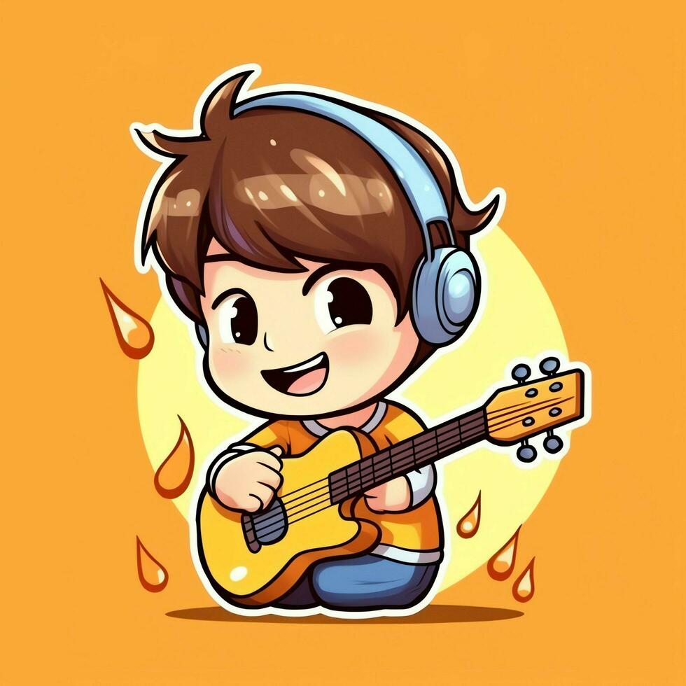 fofa Garoto jogando guitarra e ouvindo para música com fone de ouvido dentro desenho animado estilo. juventude dia ou música dia conceito de ai gerado foto