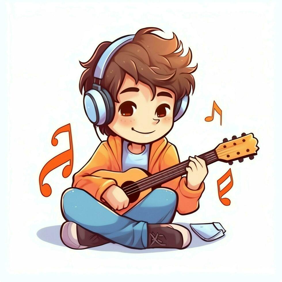 fofa Garoto jogando guitarra e ouvindo para música com fone de ouvido dentro desenho animado estilo. juventude dia ou música dia conceito de ai gerado foto