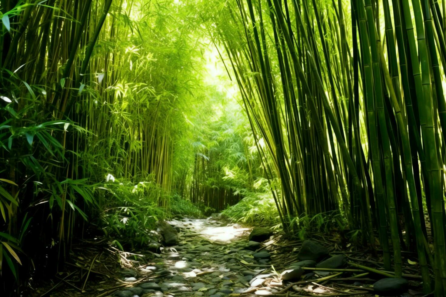 Visão do botânico verde bambu tropical floresta dentro luz do dia. oriental bambu Arvoredo dentro China japonês conceito de ai gerado foto