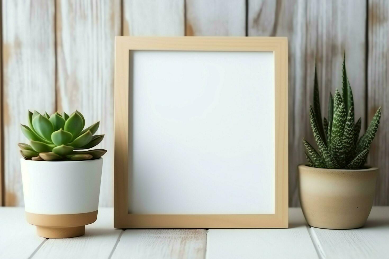 quadro, Armação zombar acima do em branco cenário em pé em uma estante com suculento plantar ou cacto dentro escandinavo conceito de ai gerado foto