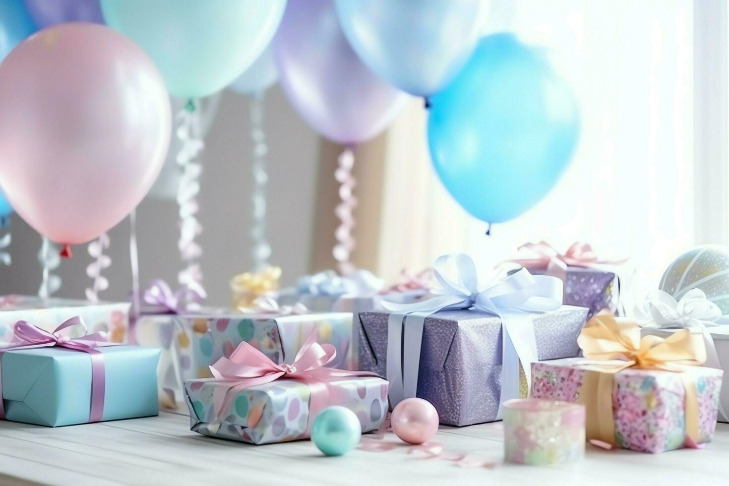 festivo aniversário festa decorações em mesa com bolo, presente caixas e balões em pastel cor conceito de ai gerado foto
