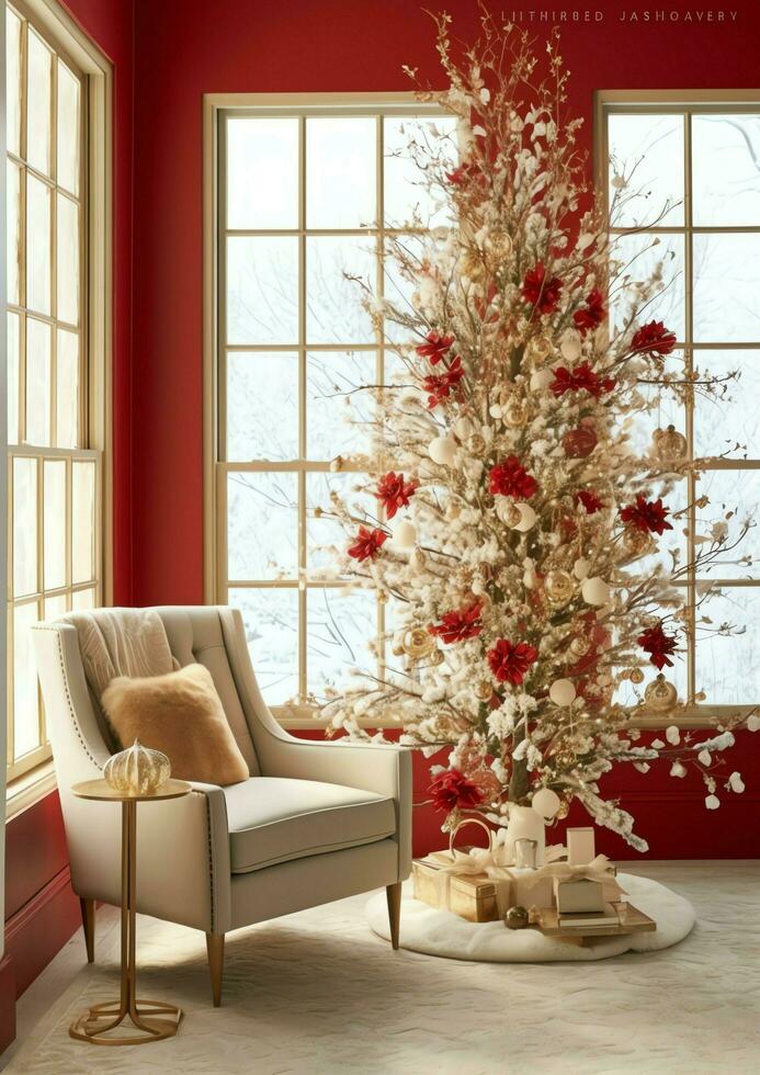 acolhedor vivo quarto com lindo Natal árvore e vermelho presentes dentro moderno interior. interior do vivo quarto decorado para alegre Natal com meias, presente caixas e Natal acessórios de ai gerado foto