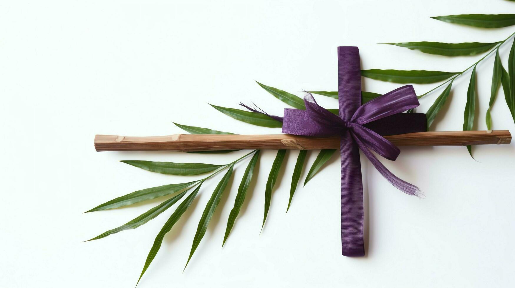 uma cristão de madeira Cruz crucifixo placa com verde Palma folhas Como religioso feriado. Palma domingo evento conceito de ai gerado foto