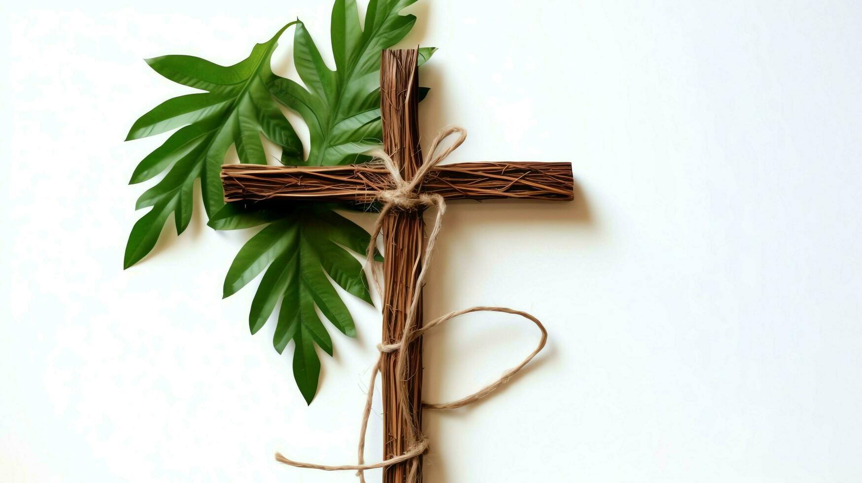 uma cristão de madeira Cruz crucifixo placa com verde Palma folhas Como religioso feriado. Palma domingo evento conceito de ai gerado foto