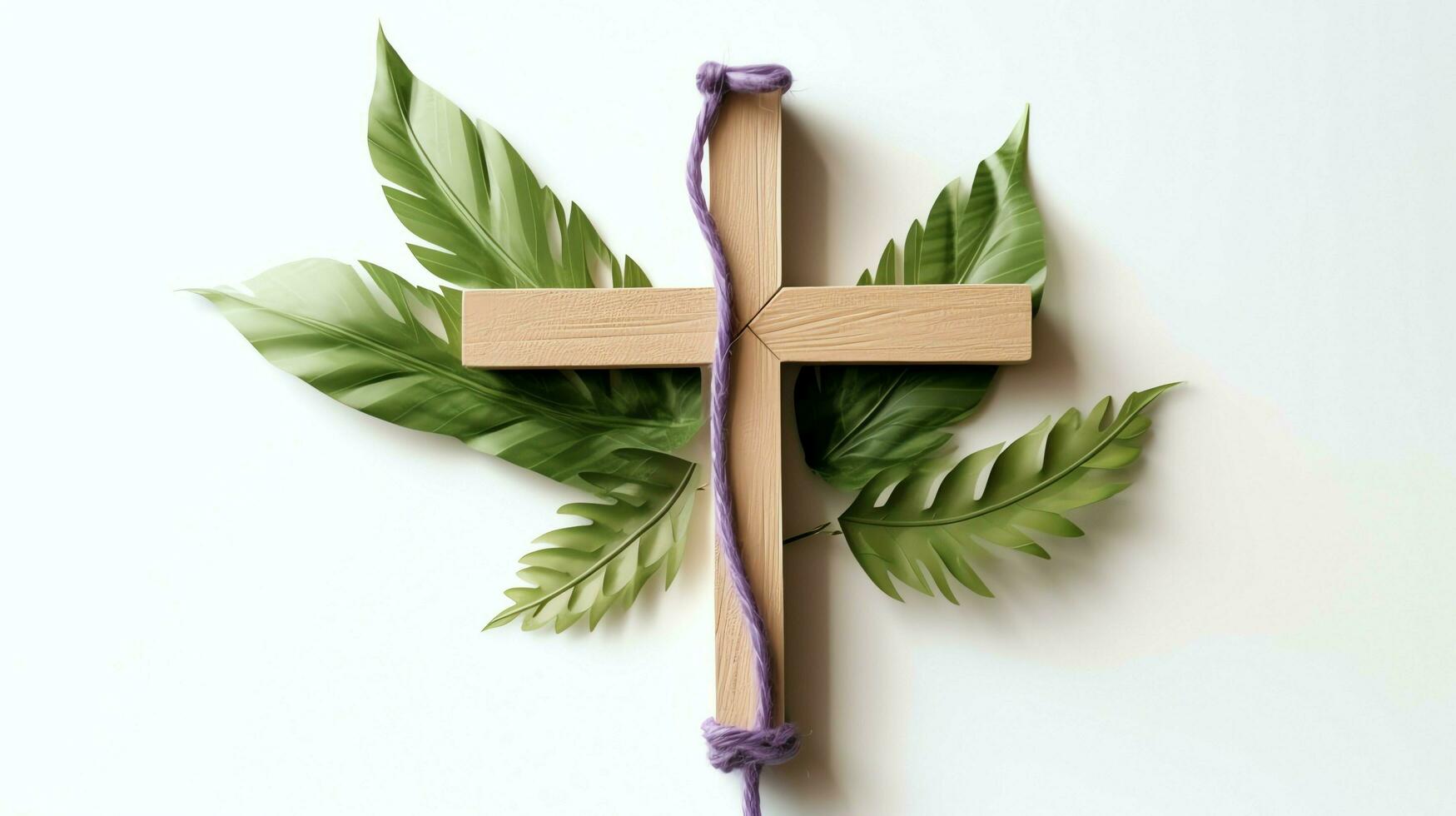 uma cristão de madeira Cruz crucifixo placa com verde Palma folhas Como religioso feriado. Palma domingo evento conceito de ai gerado foto