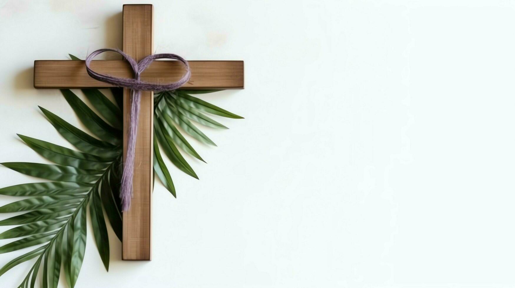 uma cristão de madeira Cruz crucifixo placa com verde Palma folhas Como religioso feriado. Palma domingo evento conceito de ai gerado foto