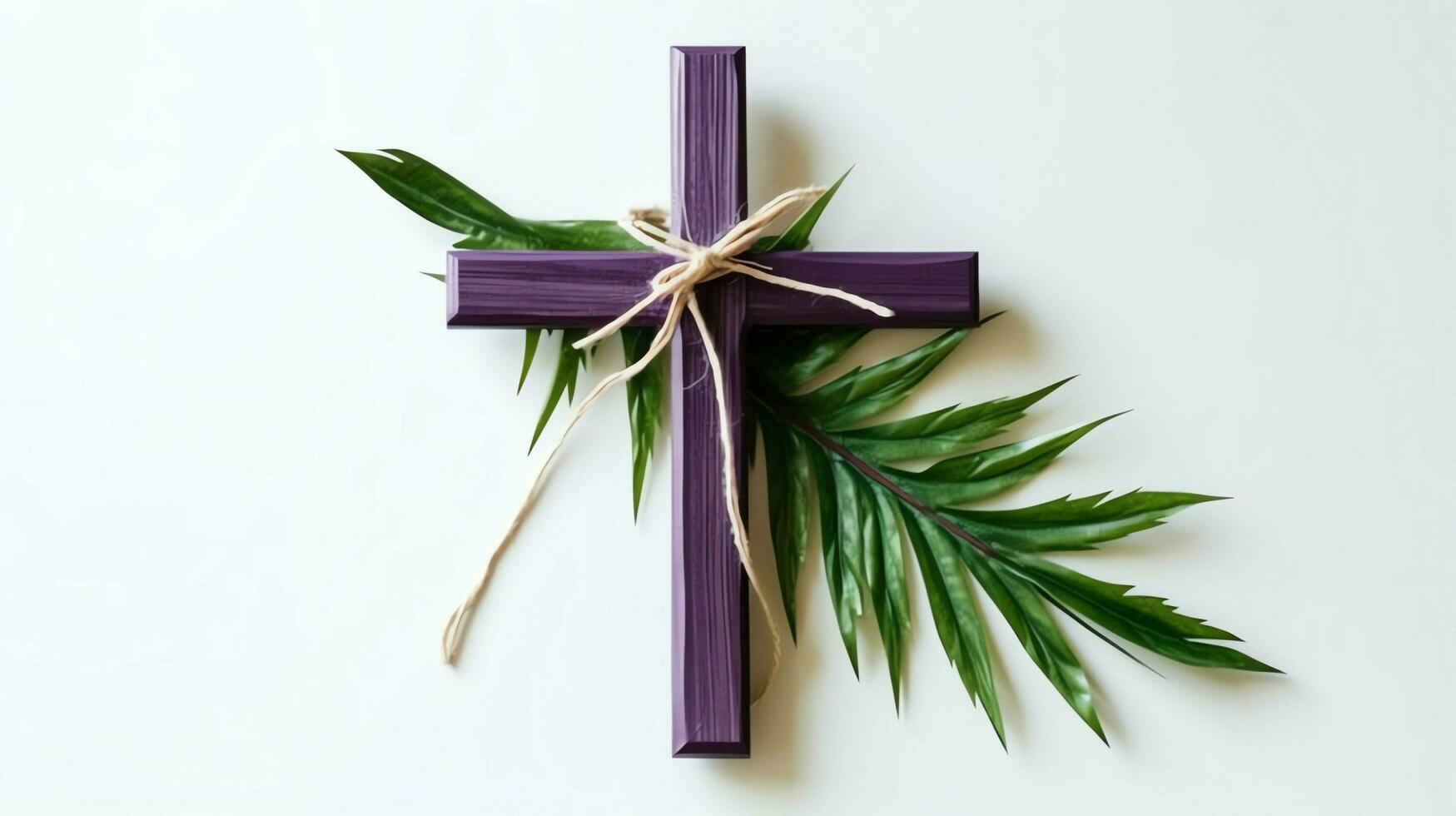 uma cristão de madeira Cruz crucifixo placa com verde Palma folhas Como religioso feriado. Palma domingo evento conceito de ai gerado foto