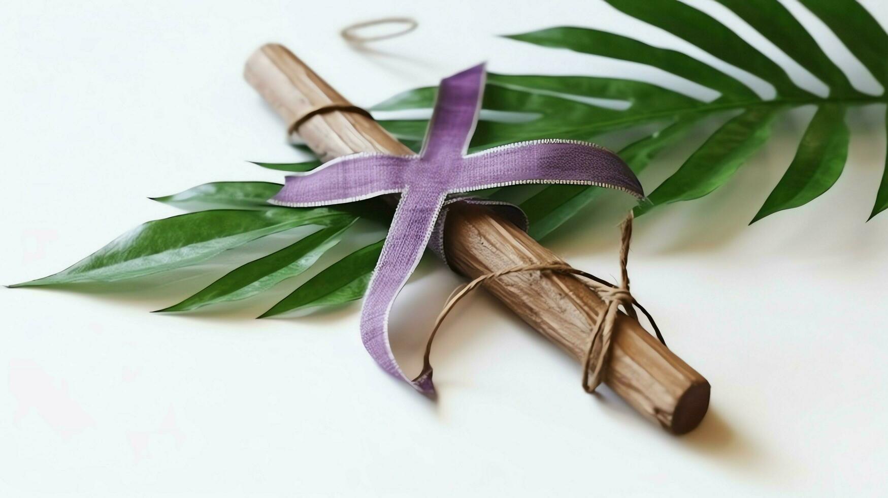 uma cristão de madeira Cruz crucifixo placa com verde Palma folhas Como religioso feriado. Palma domingo evento conceito de ai gerado foto