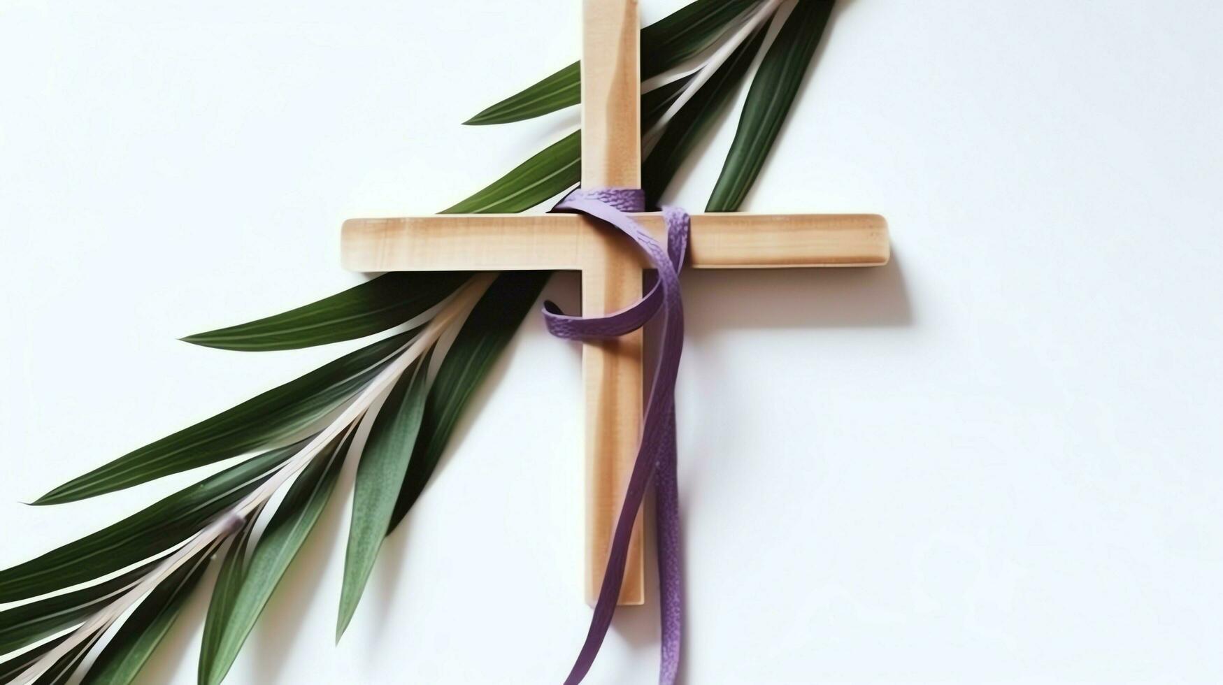 uma cristão de madeira Cruz crucifixo placa com verde Palma folhas Como religioso feriado. Palma domingo evento conceito de ai gerado foto