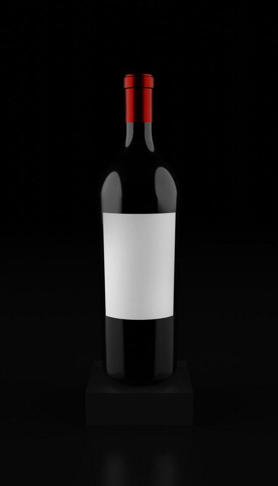 vinho garrafa com em branco rótulo para brincar, 3d renderizar, em pedestal e Preto fundo foto