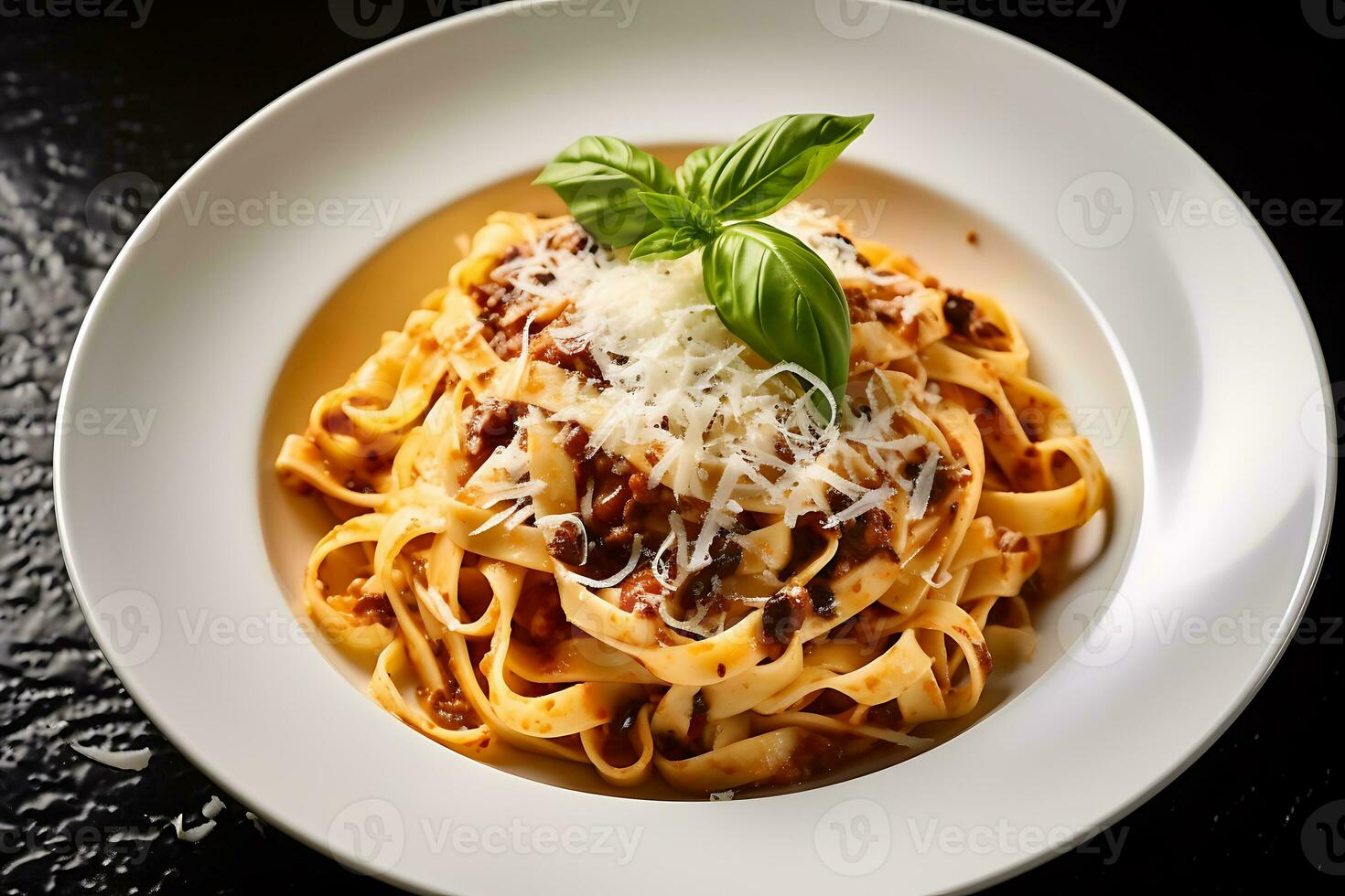 saboroso fettuccine massa prato coberto com Grato queijo, ai generativo foto