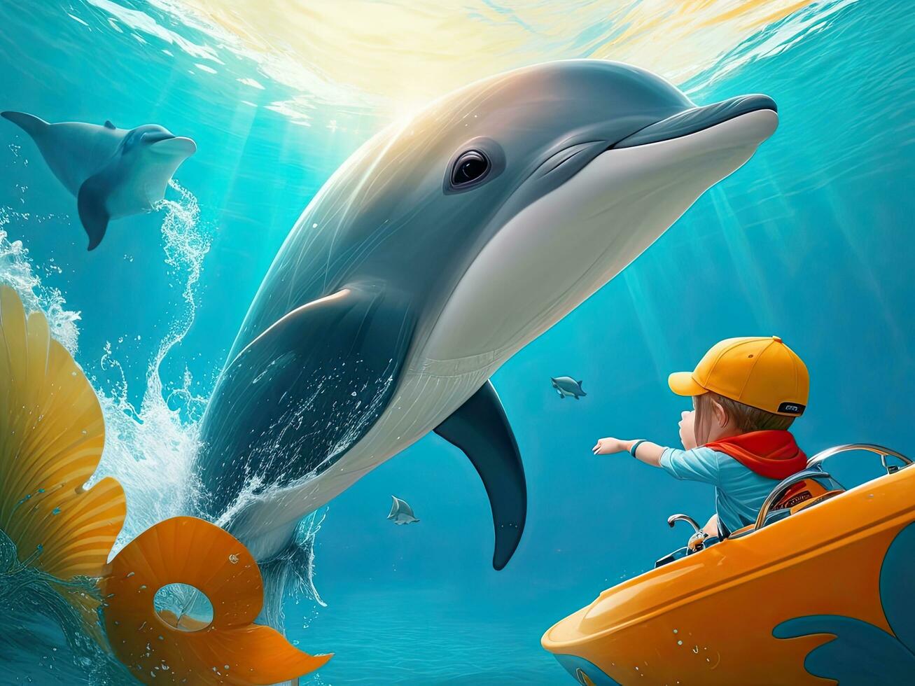 pequeno Garoto e golfinho natação dentro a mar. a conceito do crianças lazer. ai gerado. foto