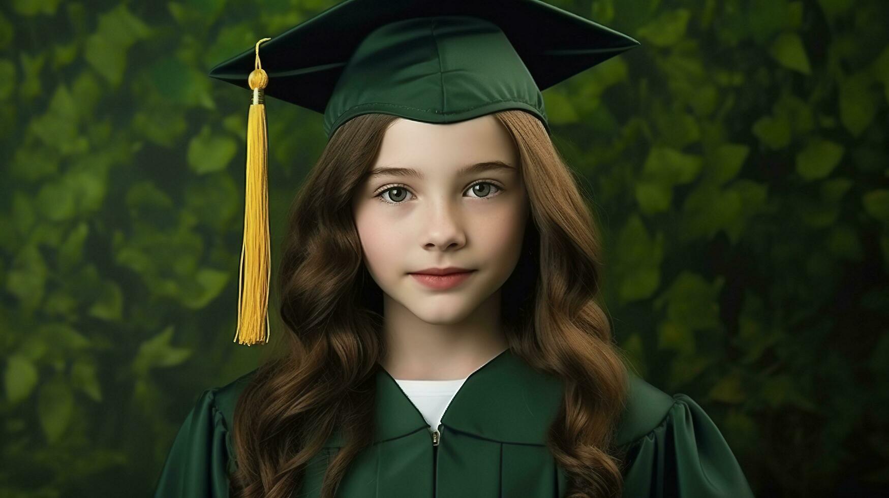 retrato do uma lindo jovem menina dentro uma graduação vestido em uma verde fundo. foto