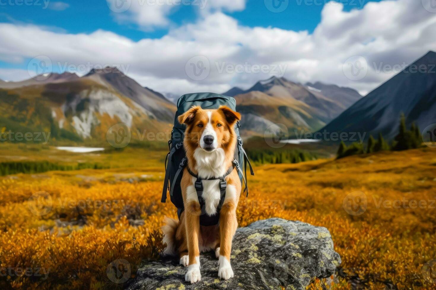 peludo viajante - adorável cachorro com mochila contra majestoso montanha pano de fundo - generativo ai foto