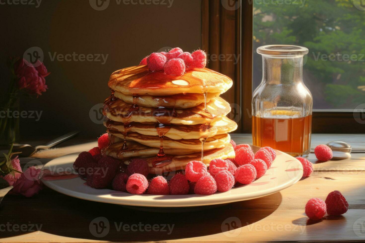 panquecas com framboesas e molho em uma placa. café da manhã com panquecas. ai gerado foto