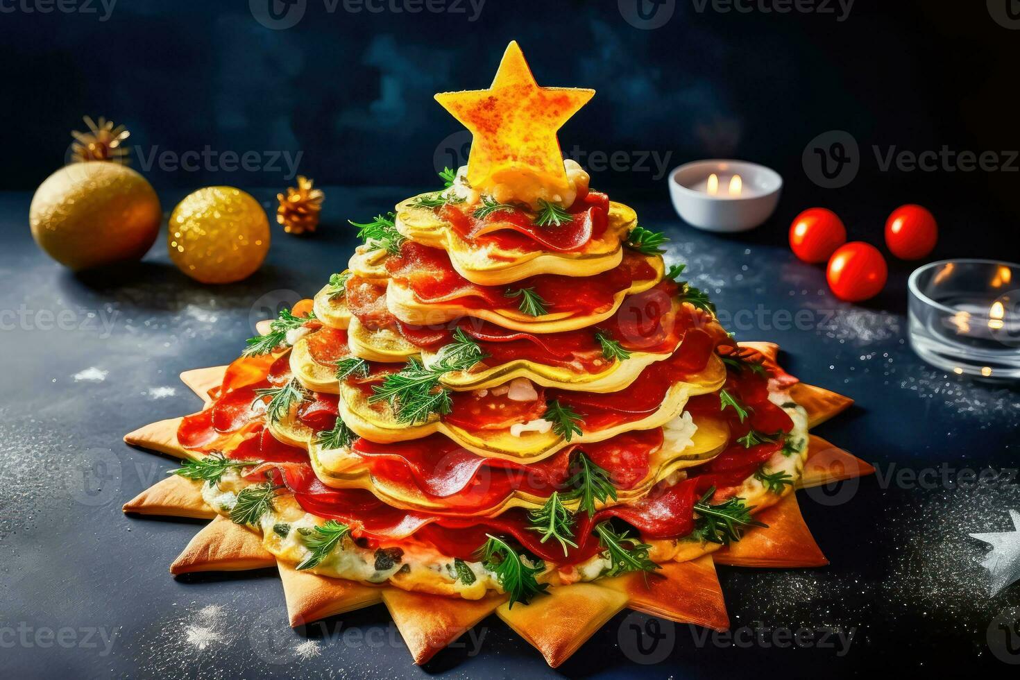 festivo Natal árvore pizza em bokeh fundo - generativo ai foto