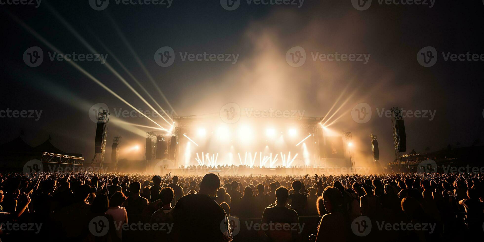 ai gerado. ai generativo. noite aberto ar show mostrar perfomance etapa viver música evento com muitos pessoas em volta. celebração Diversão festa delírio fundo. gráfico arte foto