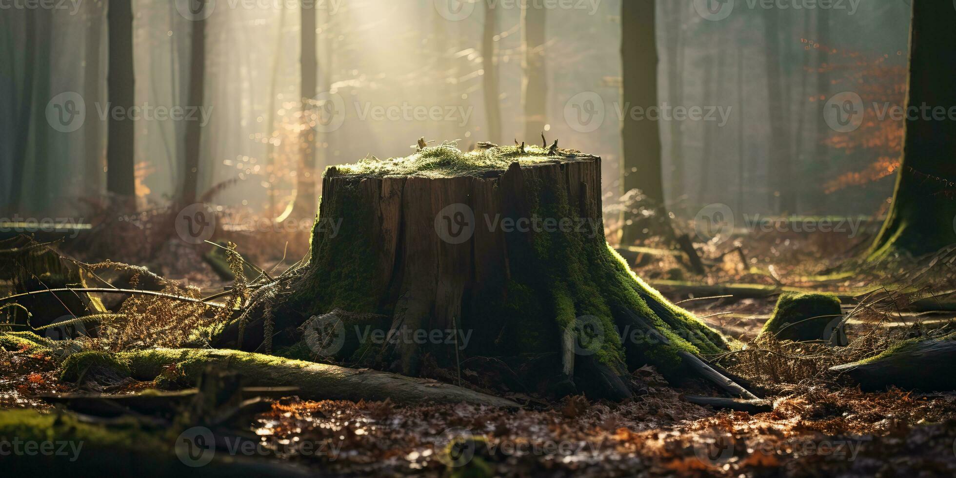 ai gerado. ai generativo. de madeira toco dentro a selva floresta. natureza ao ar livre panorama fundo. gráfico arte foto