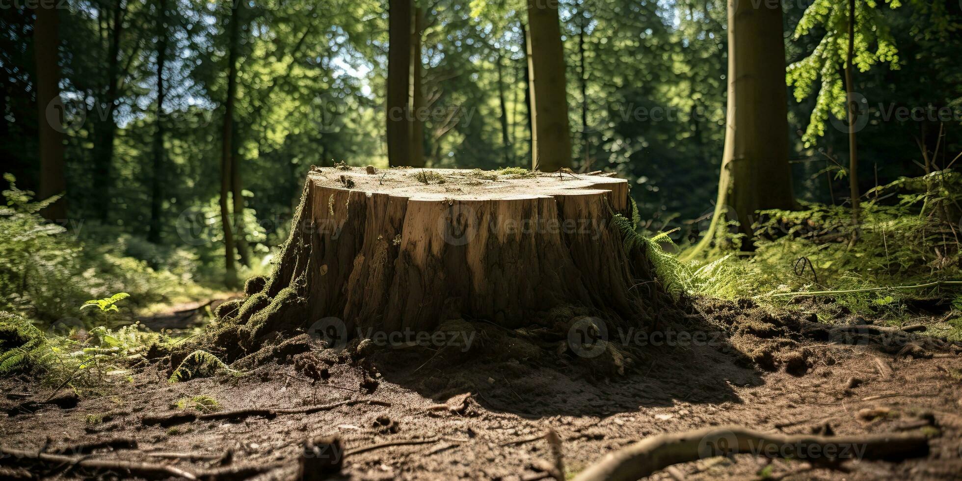 ai gerado. ai generativo. de madeira toco dentro a selva floresta. natureza ao ar livre panorama fundo. gráfico arte foto