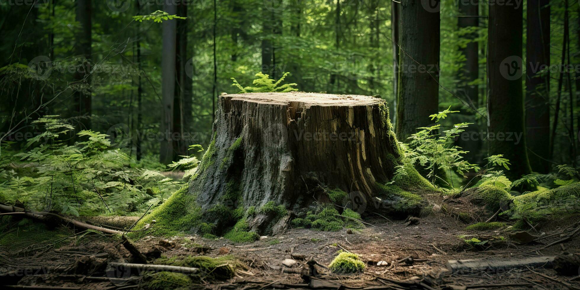 ai gerado. ai generativo. de madeira toco dentro a selva floresta. natureza ao ar livre panorama fundo. gráfico arte foto