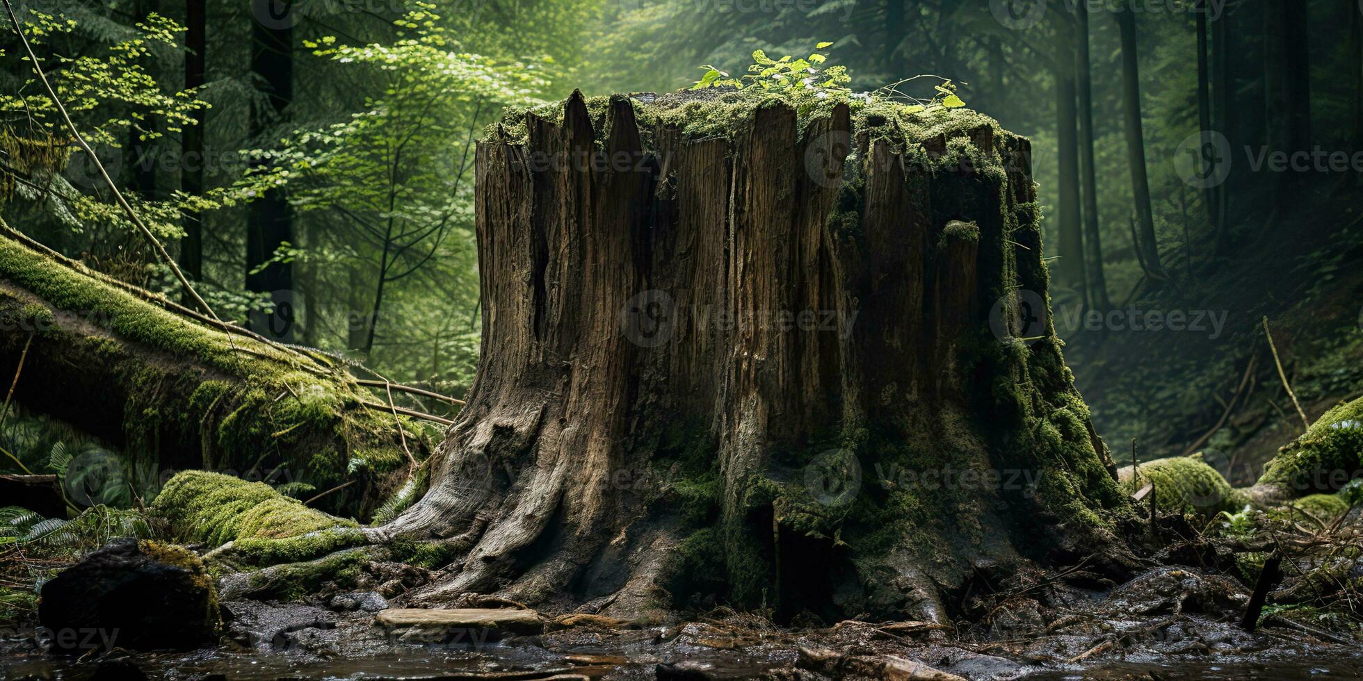 ai gerado. ai generativo. de madeira toco dentro a selva floresta. natureza ao ar livre panorama fundo. gráfico arte foto