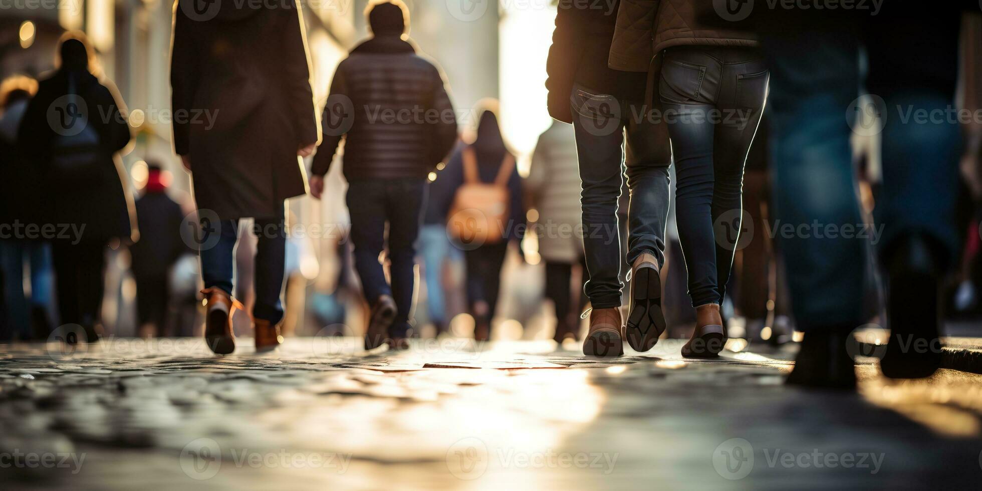 ai gerado. ai generativo. multidão pessoas caminhando rua pernas dentro sapato. cidade urbano fundo. gráfico arte foto