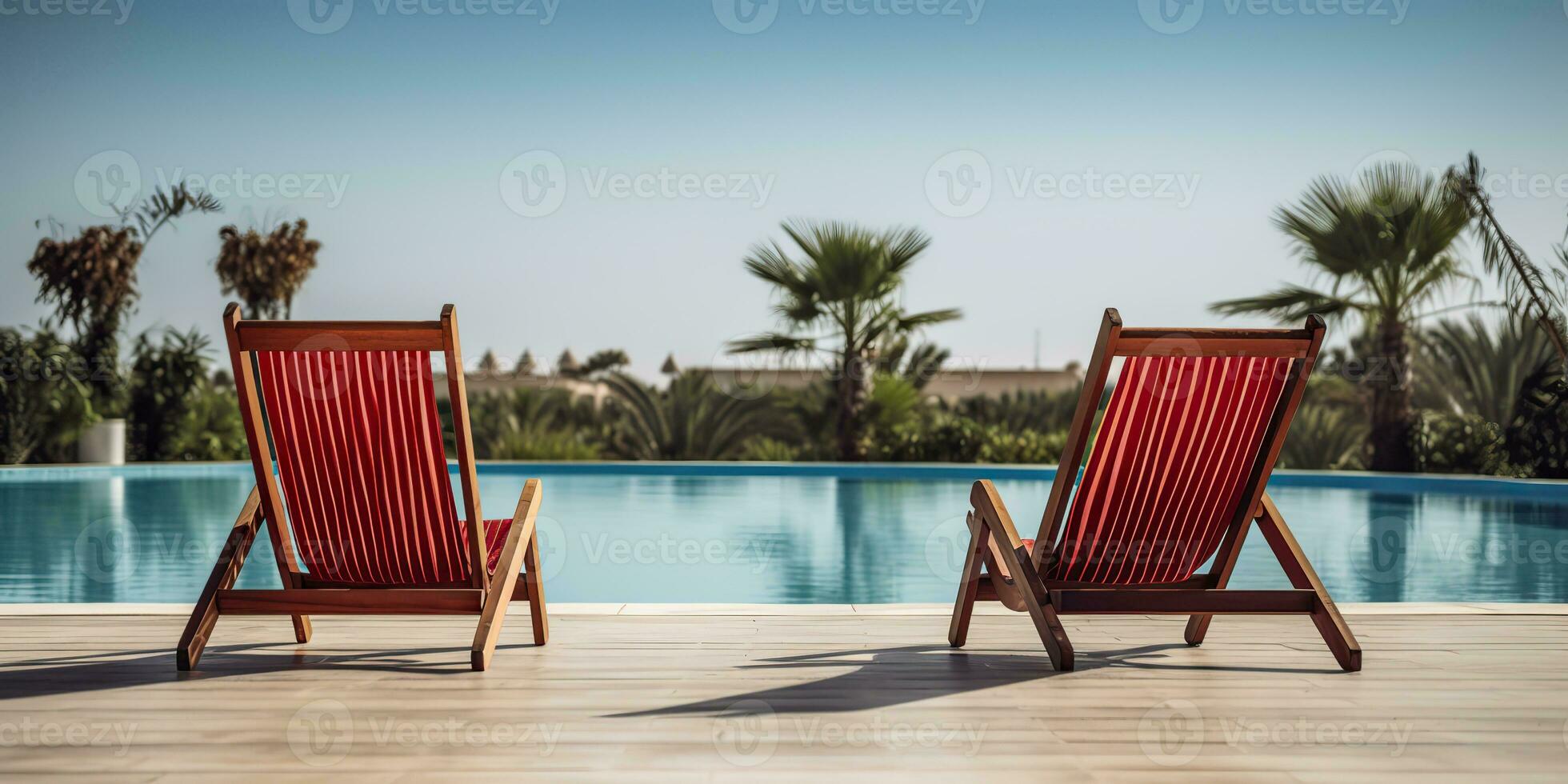 ai gerado. ai generativo. dois de madeira dezembro cadeiras às natação piscina. período de férias relaxante hotel tempo. gráfico arte foto