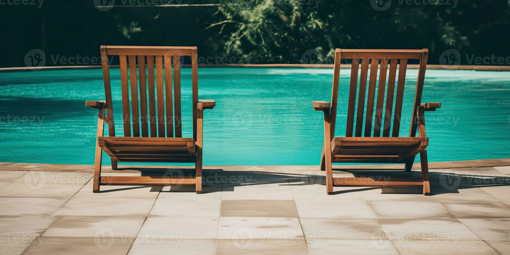 ai gerado. ai generativo. dois de madeira dezembro cadeiras às natação piscina. período de férias relaxante hotel tempo. gráfico arte foto