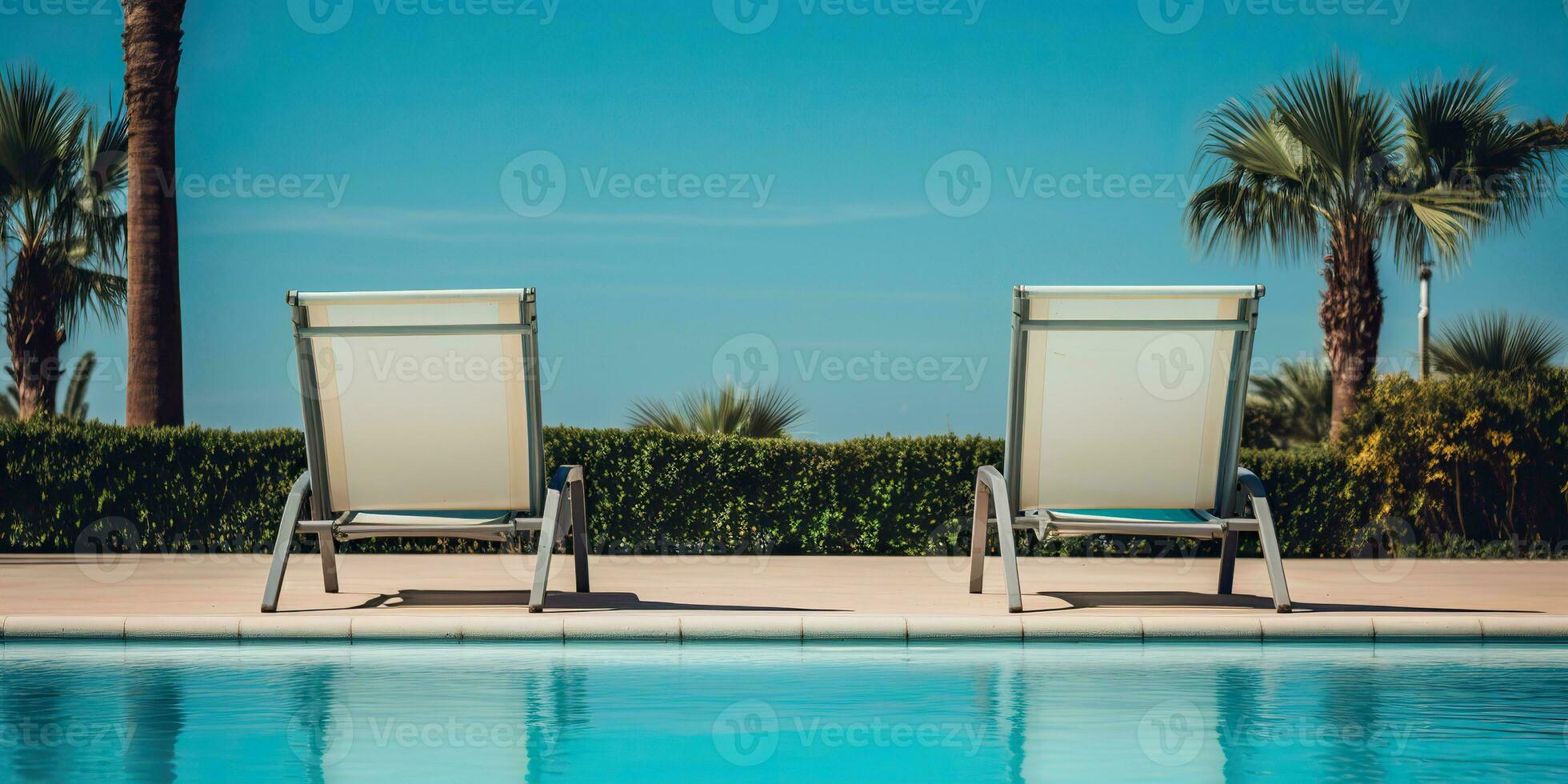 ai gerado. ai generativo. dois de madeira dezembro cadeiras às natação piscina. período de férias relaxante hotel tempo. gráfico arte foto