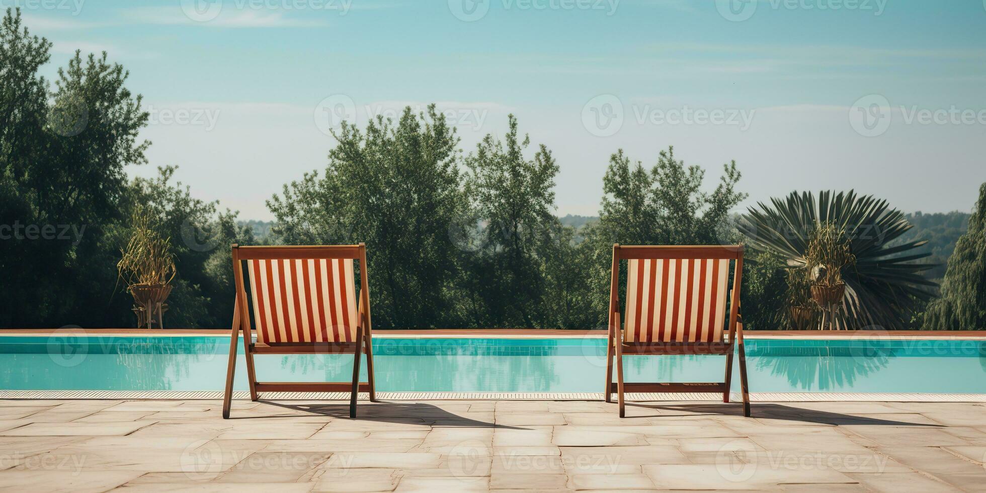 ai gerado. ai generativo. dois de madeira dezembro cadeiras às natação piscina. período de férias relaxante hotel tempo. gráfico arte foto