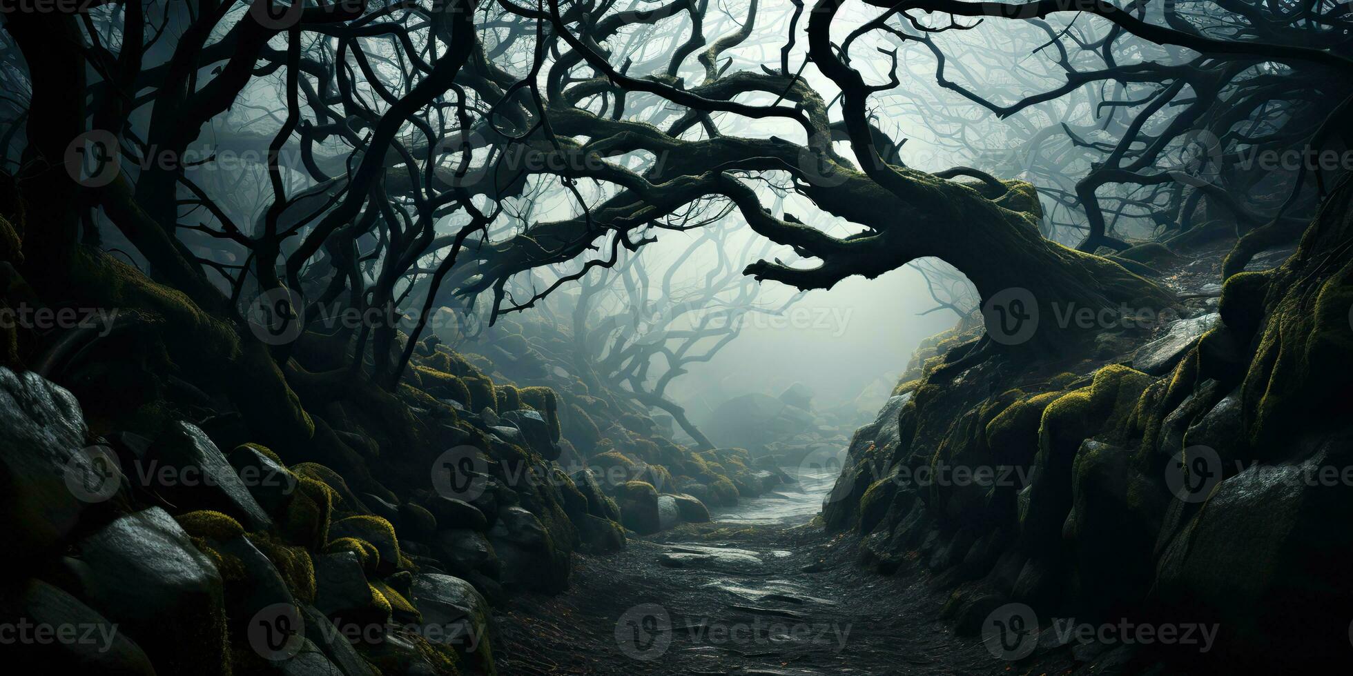 ai gerado. ai generativo. assustador Horror mal Sombrio gótico dia das Bruxas floresta selva torcido árvore galhos decoração fundo. gráfico arte foto