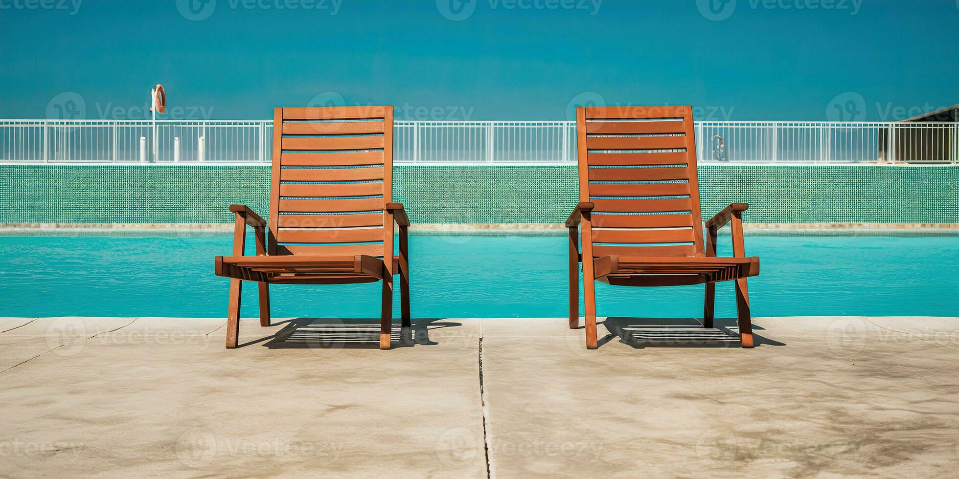 ai gerado. ai generativo. dois de madeira dezembro cadeiras às natação piscina. período de férias relaxante hotel tempo. gráfico arte foto