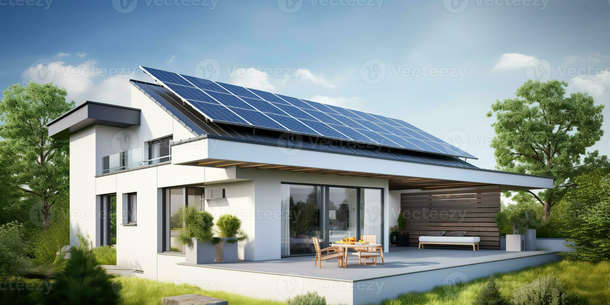 ai gerado. ai generativo. alternativo poder eletricidade telhado casa solar painel. moderno arquitetura prédio. gráfico arte foto