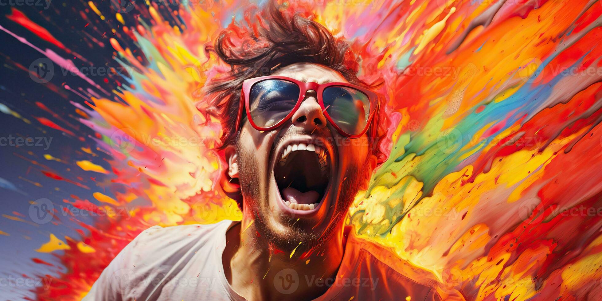 ai gerado. ai generativo. vibrante multi cor explosão holi pó estrondo com bonito homem retrato dentro oculos escuros. gráfico arte foto