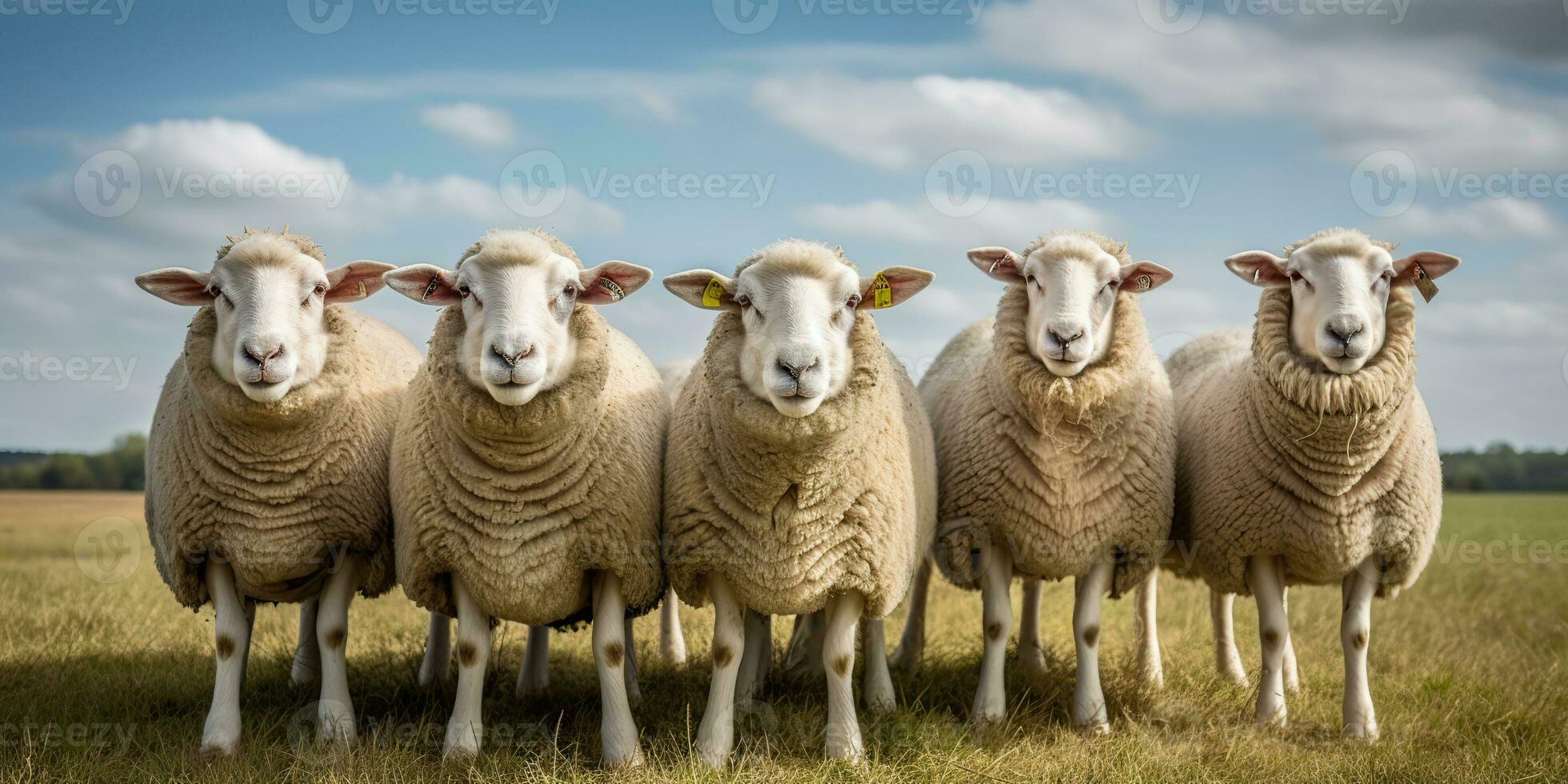 ai gerado. ai generativo. grupo do ovelhas em pé em Relva campo olhando às Câmera. gráfico arte foto