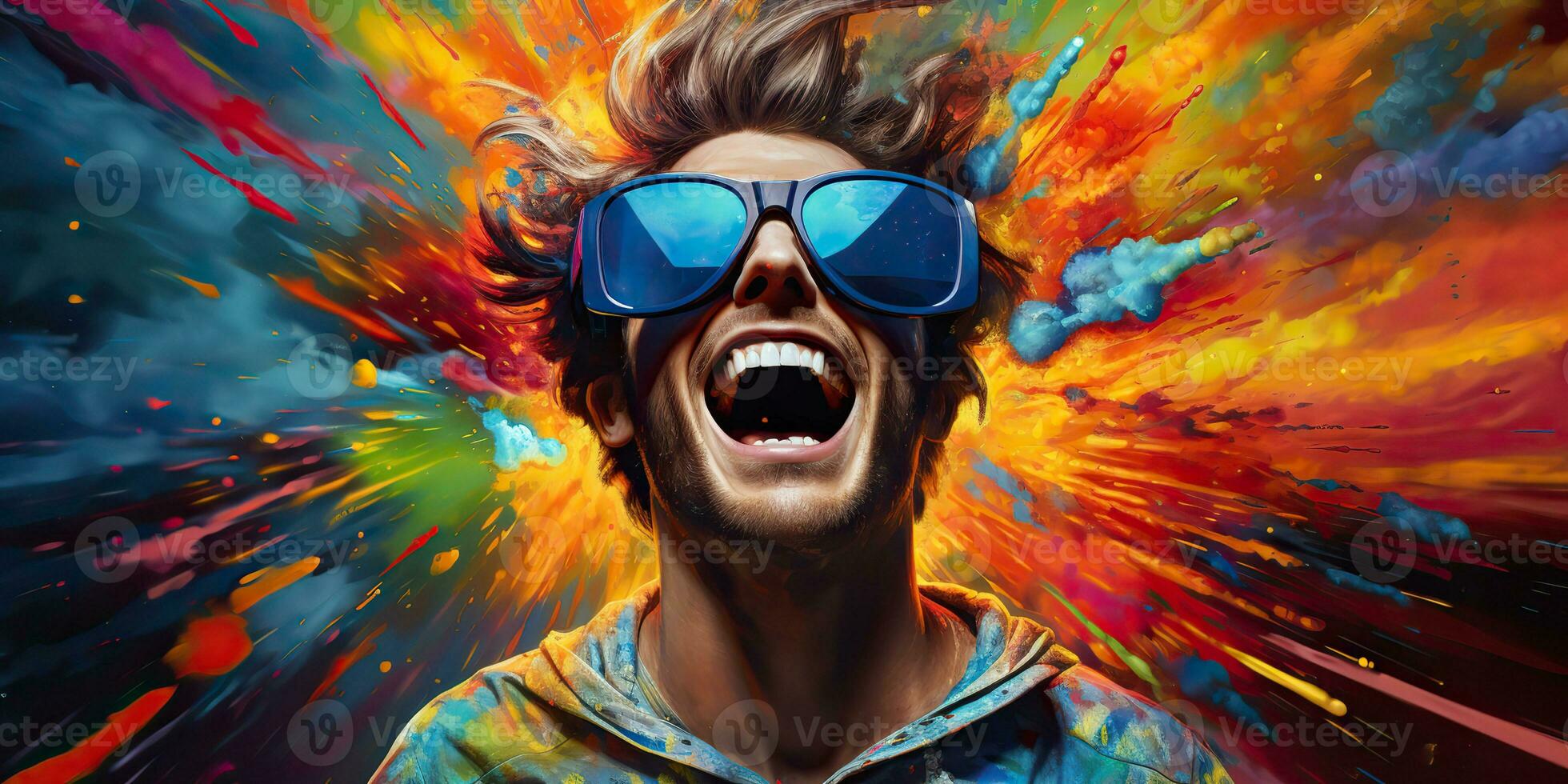 ai gerado. ai generativo. vibrante multi cor explosão holi pó estrondo com bonito homem retrato dentro oculos escuros. gráfico arte foto