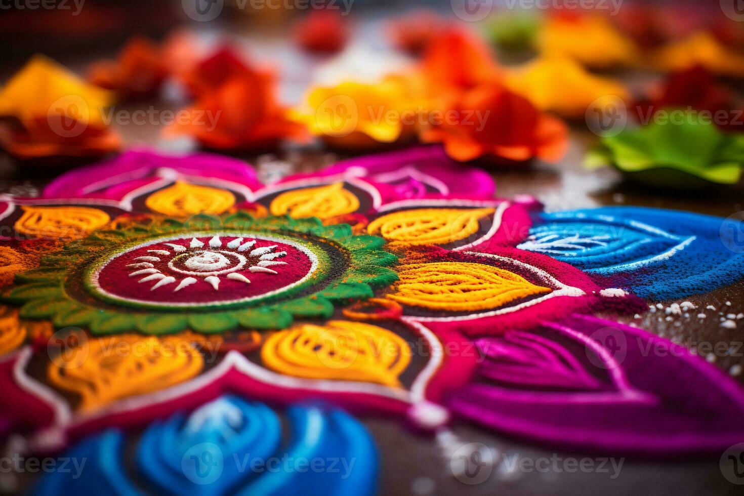 uma fechar acima imagem do intrincado rangoli padronizar ai generativo foto