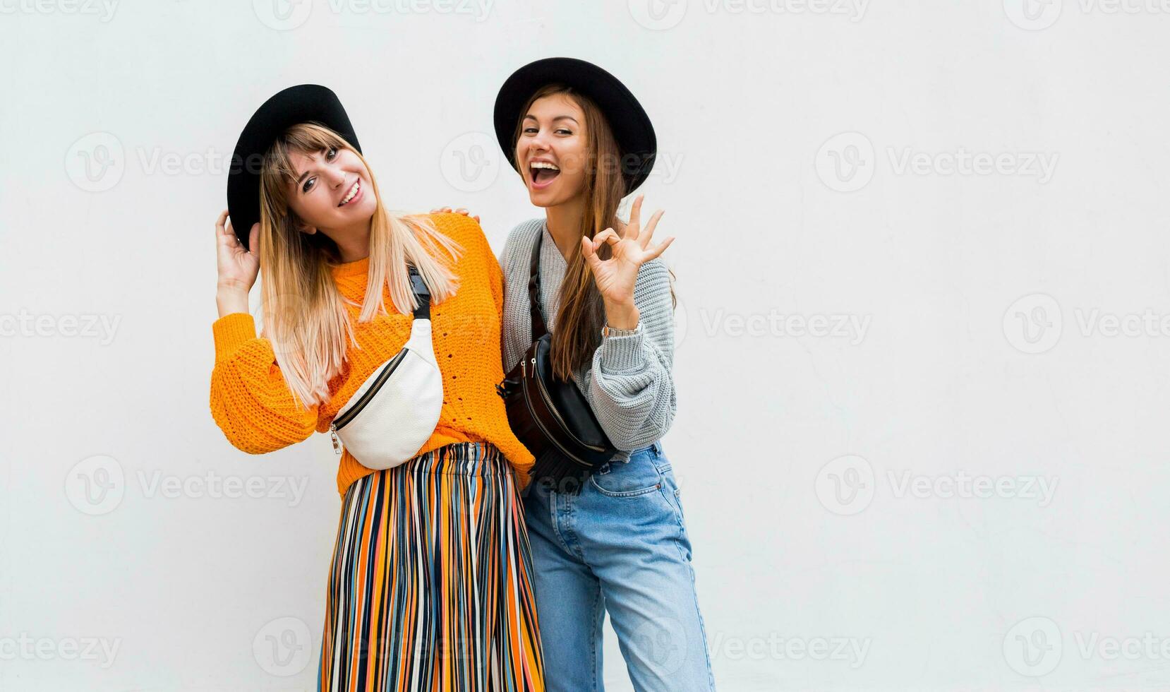 ao ar livre foto do dois alegre fêmea amigos gastos ótimo Tempo juntos , posando em branco fundo. outono conceito. espaço para texto.