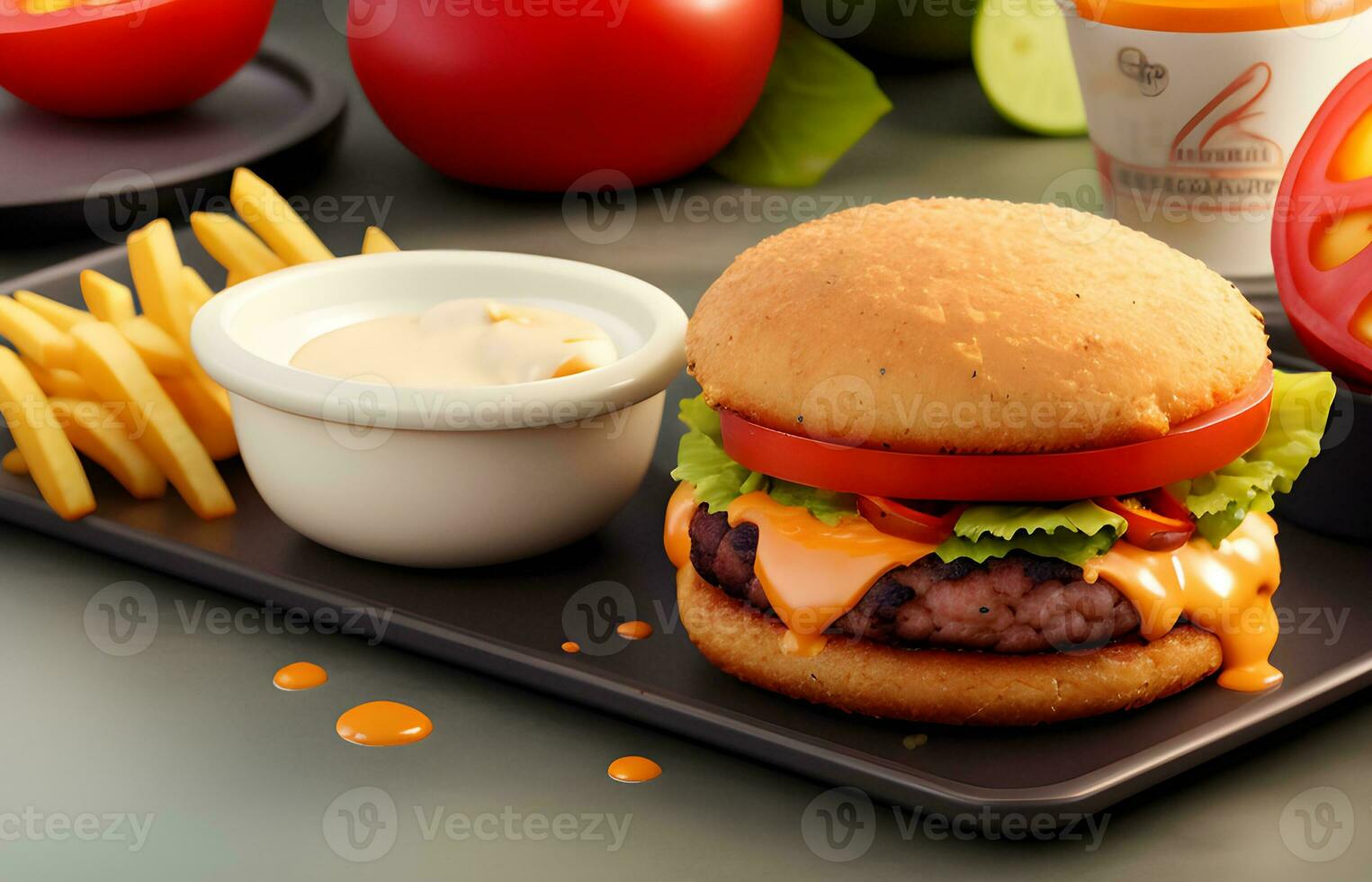 grelhado carne hamburguer com queijo e fritas ai gerado foto