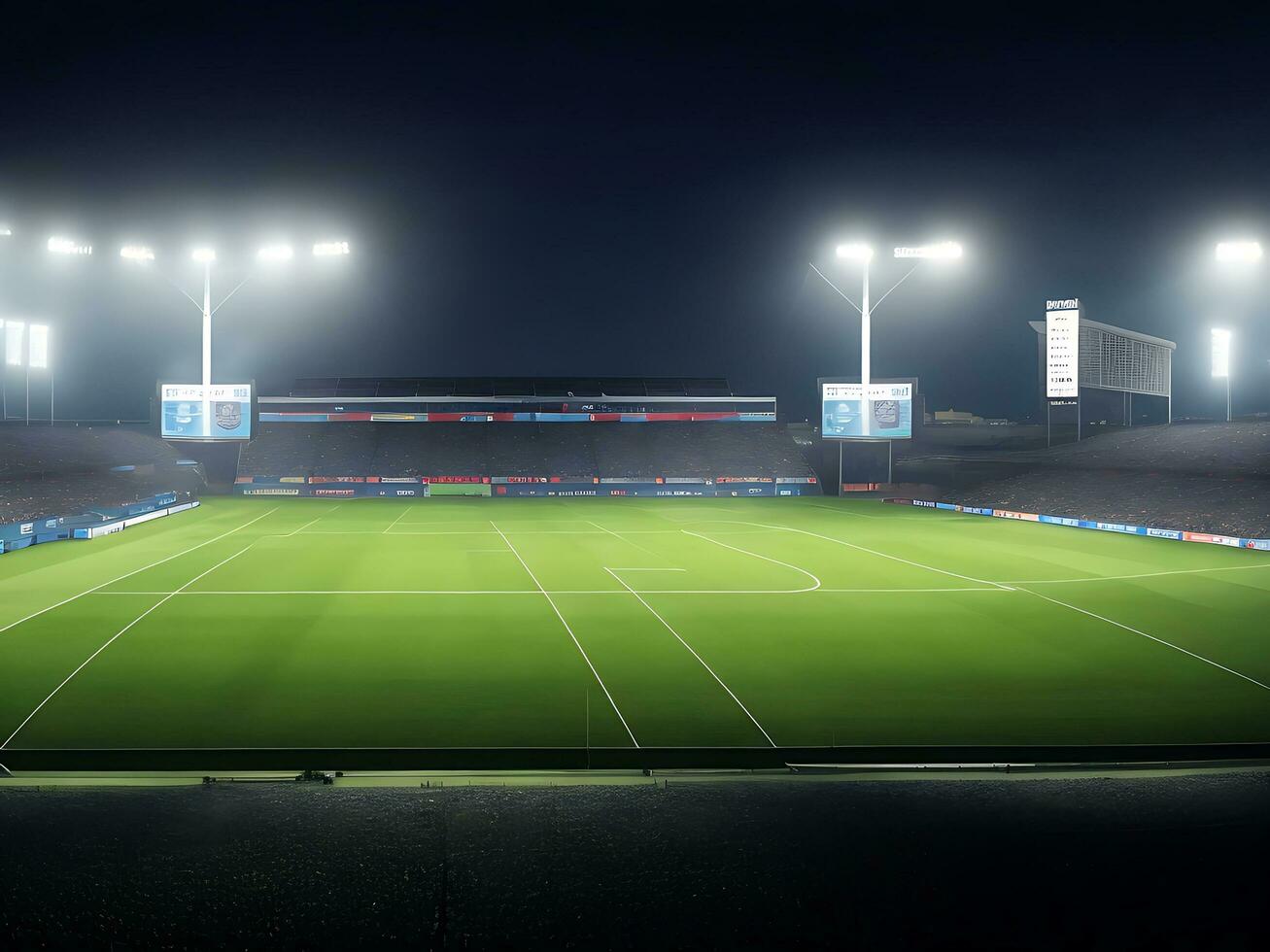 panorâmico Visão do futebol estádio. esvaziar noite futebol campo, ninguém, bandeira modelo, cópia de espaço. ai gerado foto