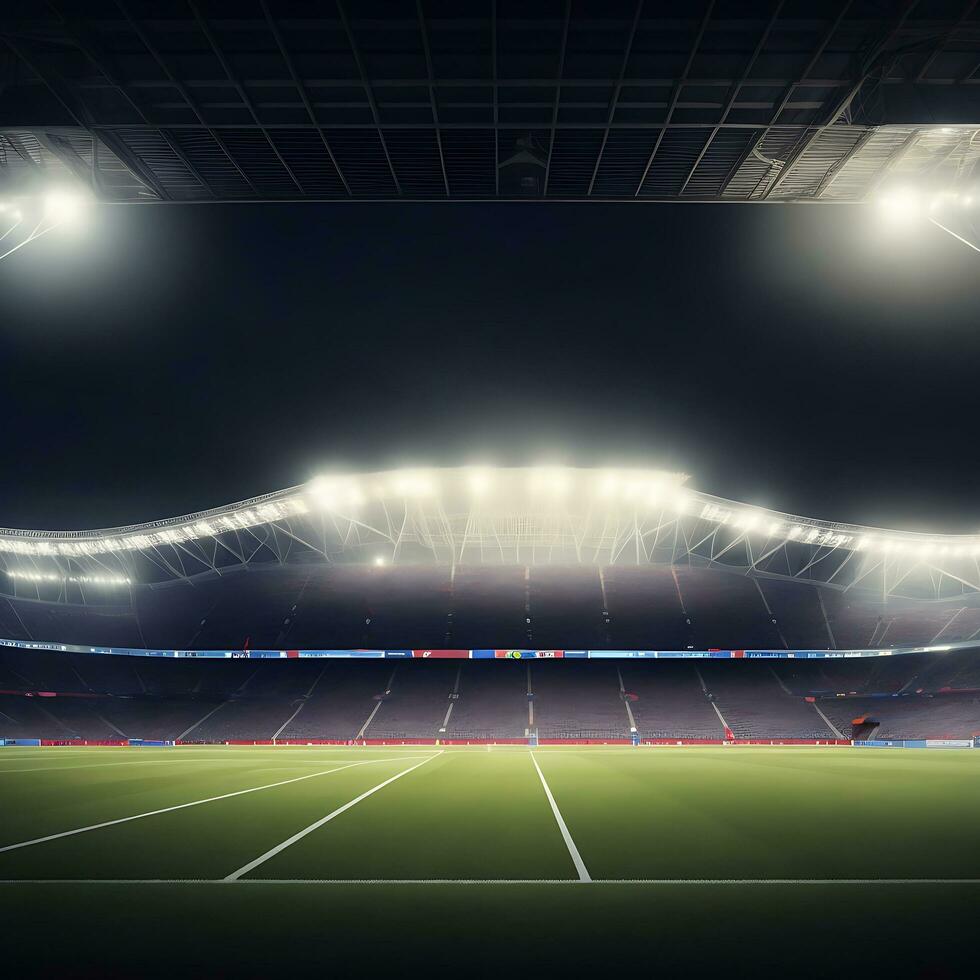 panorâmico Visão do futebol estádio. esvaziar noite futebol campo, ninguém, bandeira modelo, cópia de espaço. ai gerado foto