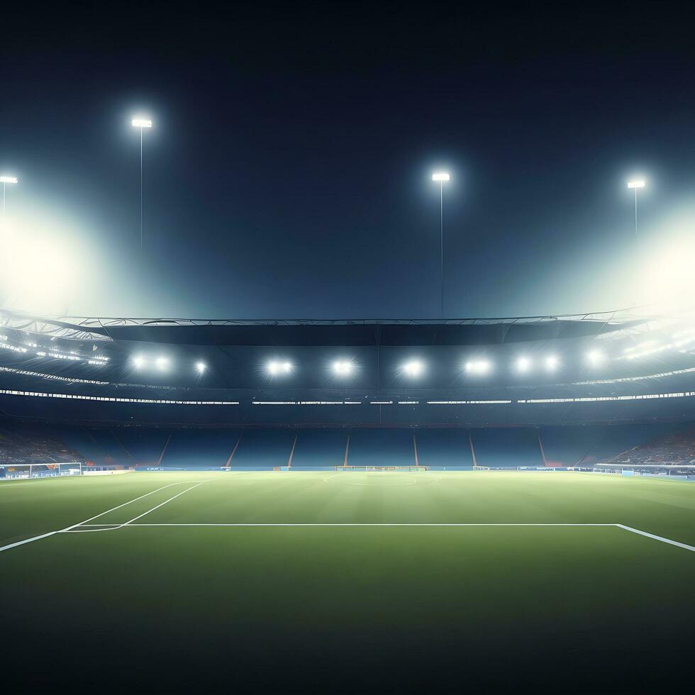 panorâmico Visão do futebol estádio. esvaziar noite futebol campo, ninguém, bandeira modelo, cópia de espaço. ai gerado foto