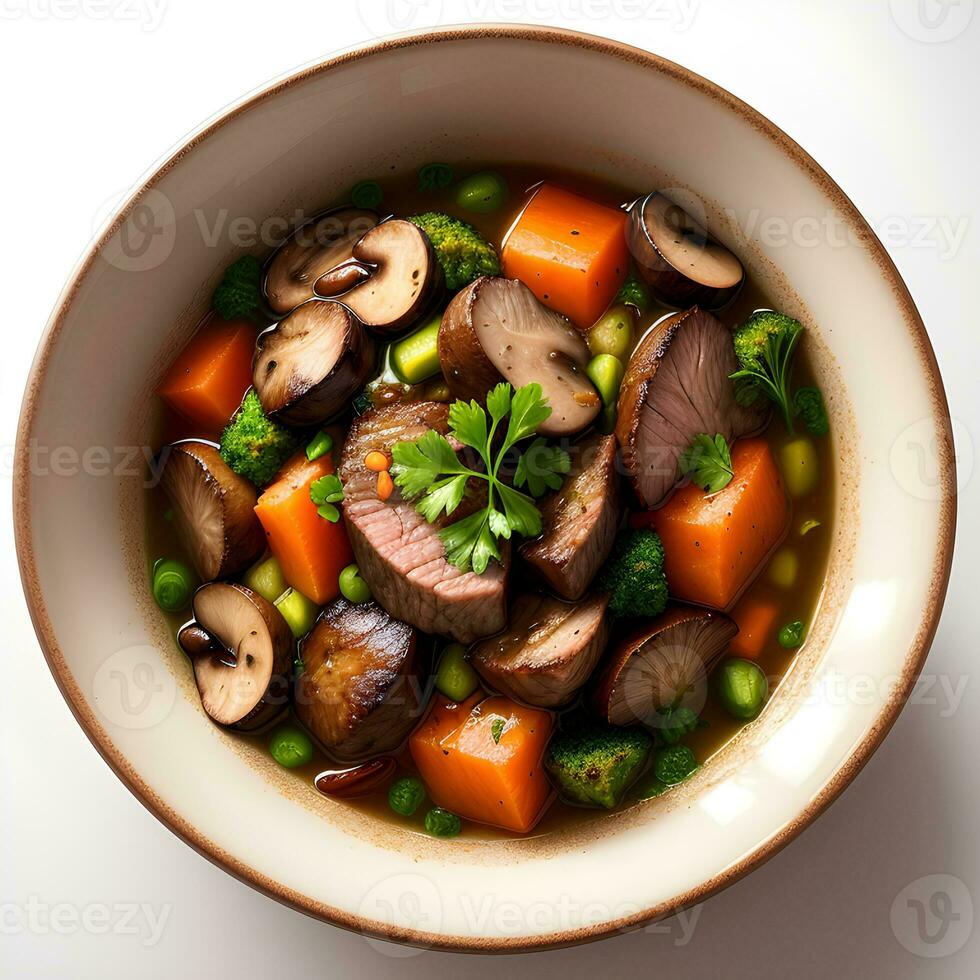 superior Visão do uma tigela rústico carne ensopado com shiitake cogumelo ai gerado foto