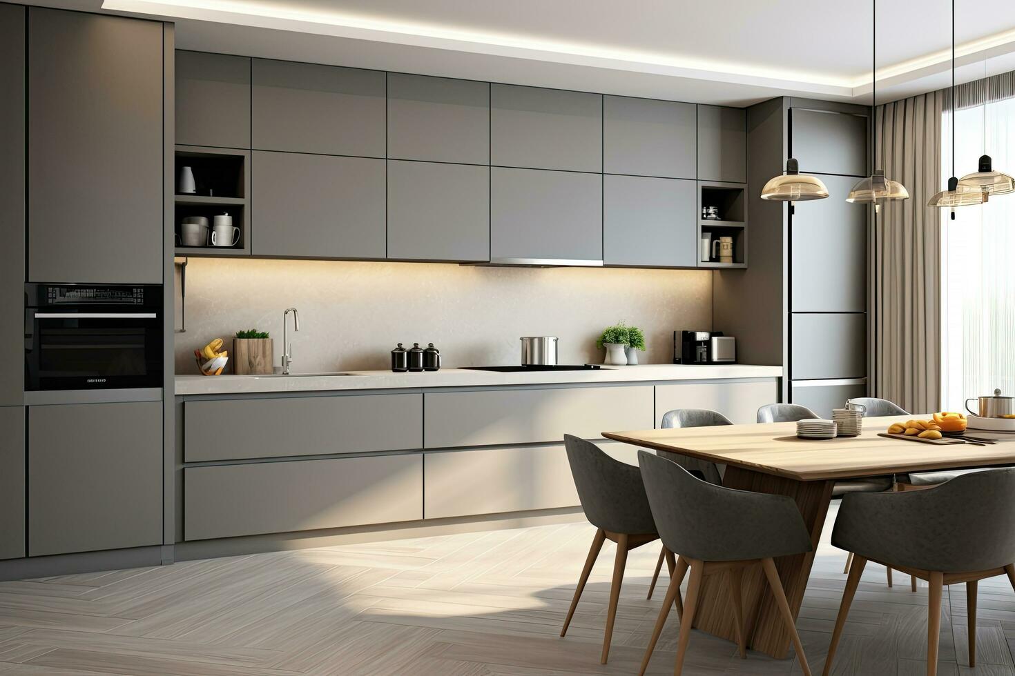 interior do mínimo moderno decoração estilo cozinha com prateleiras, contador Barra e cozinhar zona, casa jantar quarto com contemporâneo Projeto. foto