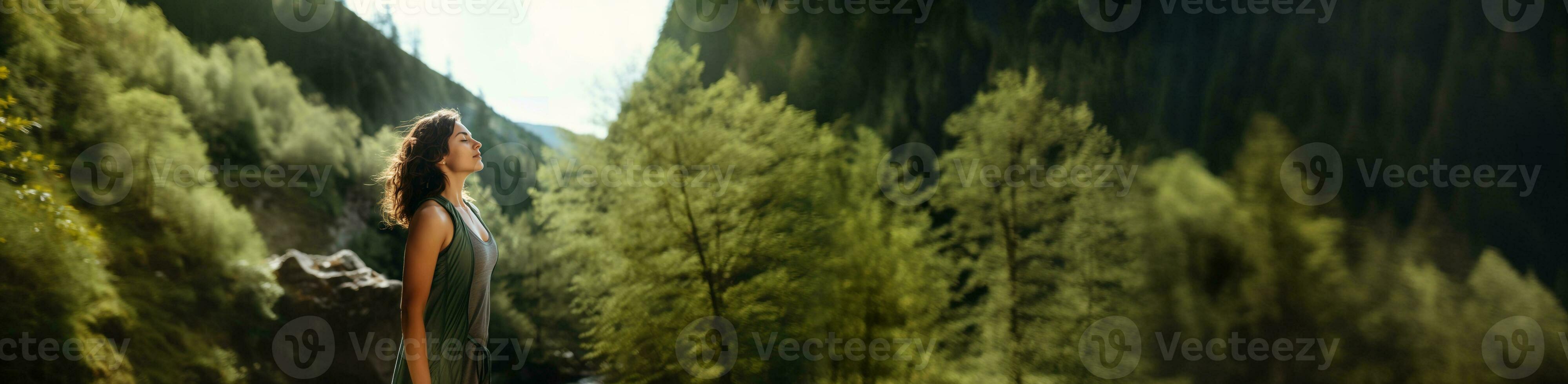 harmonia, fechar para natureza conceitos, uma jovem fêmea levar profundo respiração fresco ar dentro a verde floresta madeiras. noivando corpo e mente com natureza generativo foto