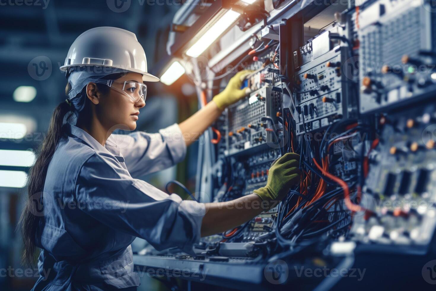 profissional Engenharia mulher trabalhando com a qualidade ao controle painel dentro a fábrica. ai generativo foto